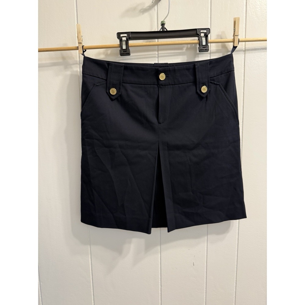 Gucci Navy Blue Cotton Twill Pleated Mini Skirt Gold Crest Buttons IT 42